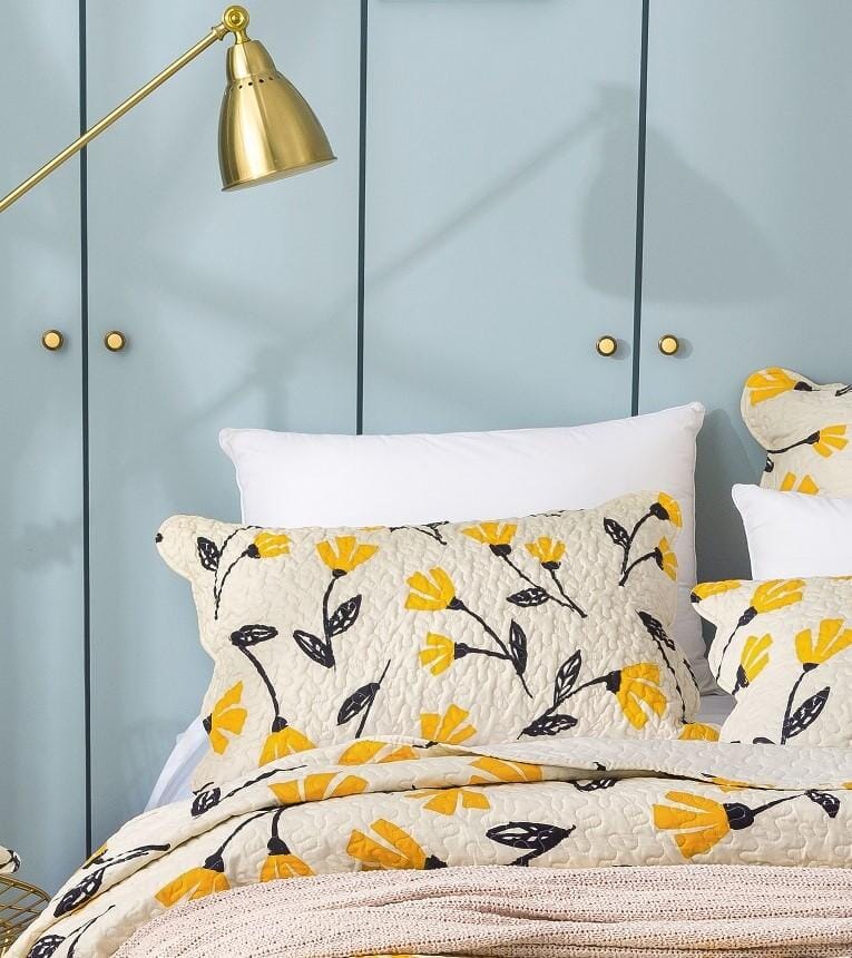 DaDalogy Bedding Yellow Fleur Floral Golden Orange Ivory Botanical Quilted Scalloped Pillow Sham (18112) - DaDa Bedding Collection