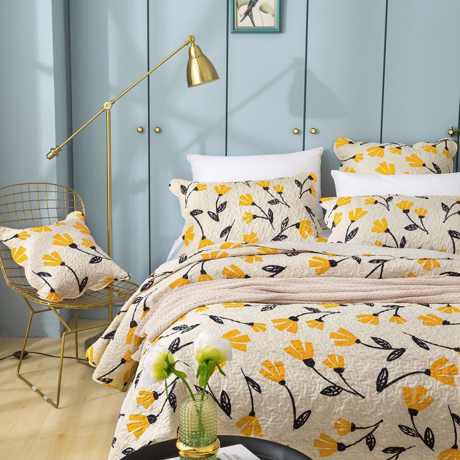 DaDa Bedding Yellow Fleur Floral Golden Orange Ivory Cream Scalloped Bedspread Set (18112) - DaDa Bedding Collection