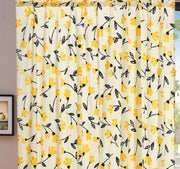 DaDa Bedding Set of 2 Botanical Floral Window Curtain Panels - Natural Semi Sheer Yellow Fleur Golden Orange Spring Time Tulips Straight Tailored Edge - DaDa Bedding Collection