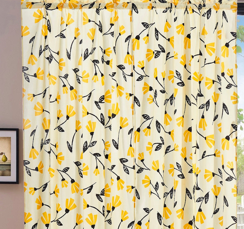 DaDa Bedding Set of 2 Botanical Floral Window Curtain Panels - Natural Semi Sheer Yellow Fleur Golden Orange Spring Time Tulips Straight Tailored Edge - DaDa Bedding Collection