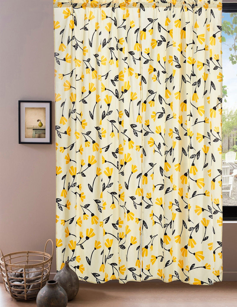 DaDa Bedding Set of 2 Botanical Floral Window Curtain Panels - Natural Semi Sheer Yellow Fleur Golden Orange Spring Time Tulips Straight Tailored Edge - DaDa Bedding Collection