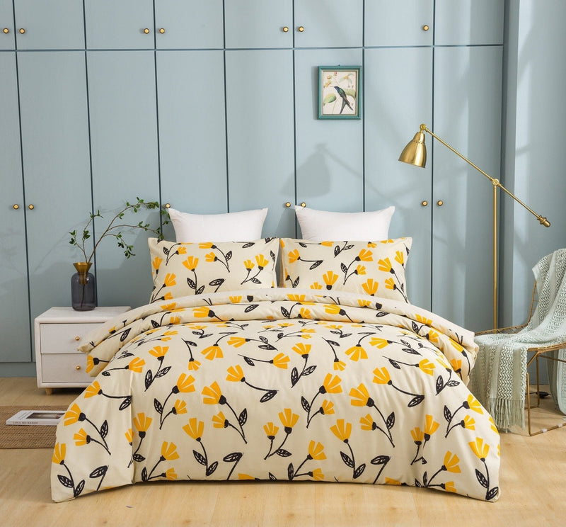 DaDa Bedding Yellow Fleur Floral Golden Orange Ivory Duvet Cover Set w/ Pillow Cases (18112) - DaDa Bedding Collection