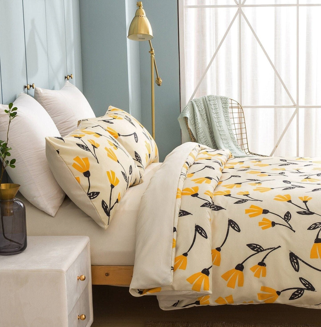 DaDa Bedding Yellow Fleur Golden Orange Botanical Ivory Duvet Cover & Fitted Flat Bed Sheets Set w/ Pillow Cases Window Valances (18112) - DaDa Bedding Collection