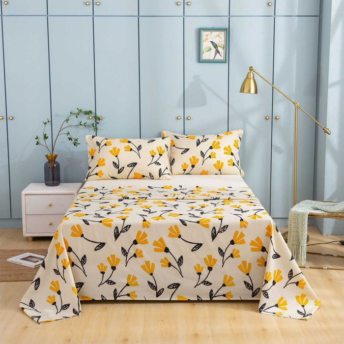 DaDa Bedding Yellow Fleur Golden Orange Floral Ivory Fitted & Flat Bed Sheets Set (18112)