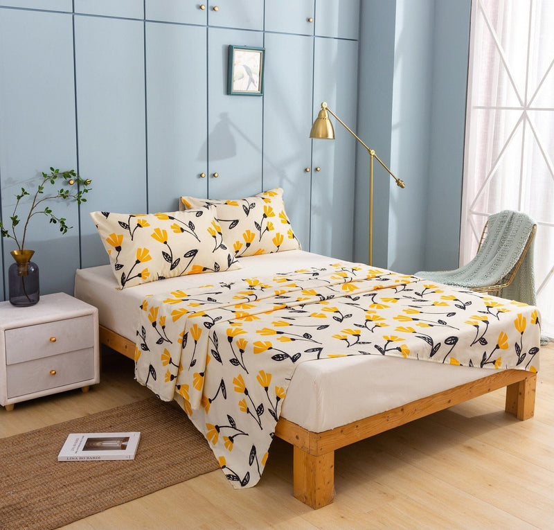 DaDa Bedding Yellow Fleur Golden Orange Floral Ivory Fitted & Flat Bed Sheets Set (18112) - DaDa Bedding Collection