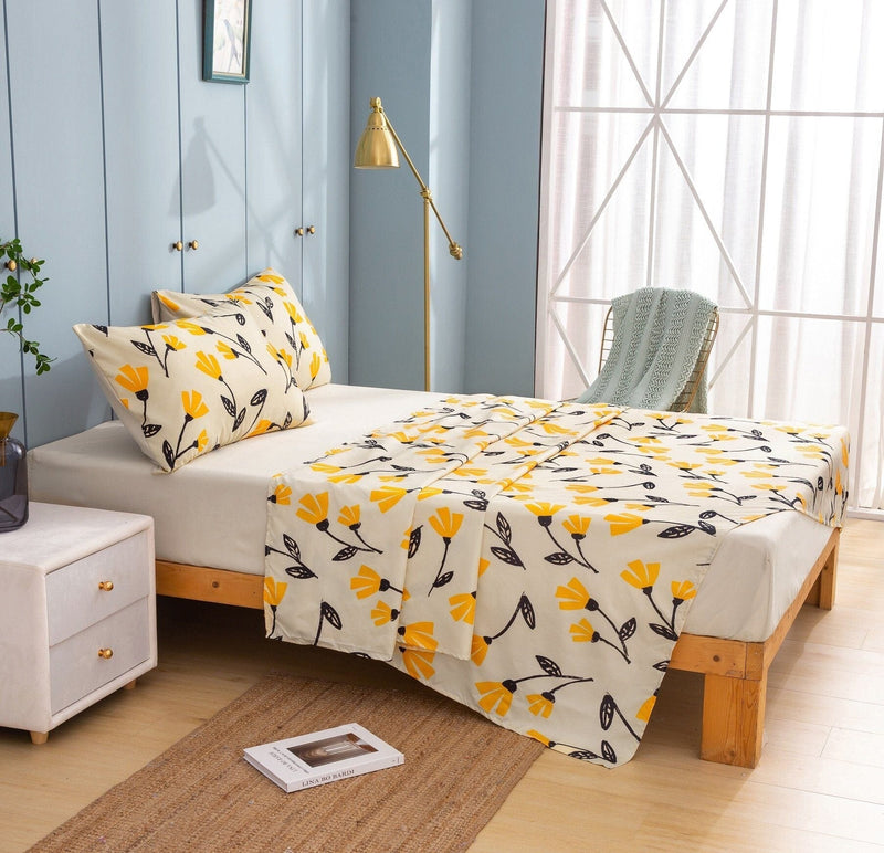 DaDa Bedding Yellow Fleur Golden Orange Floral Ivory Fitted & Flat Bed Sheets Set (18112) - DaDa Bedding Collection