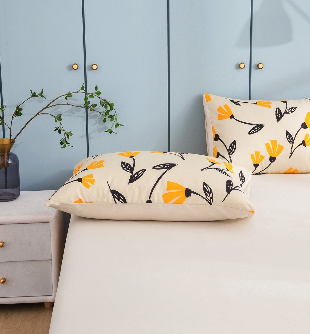 DaDa Bedding Yellow Fleur Golden Orange Floral Ivory Fitted & Flat Bed Sheets Set (18112) - DaDa Bedding Collection