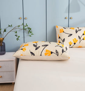 DaDa Bedding Yellow Fleur Golden Orange Botanical Ivory Duvet Cover & Fitted Flat Bed Sheets Set w/ Pillow Cases Window Valances (18112)