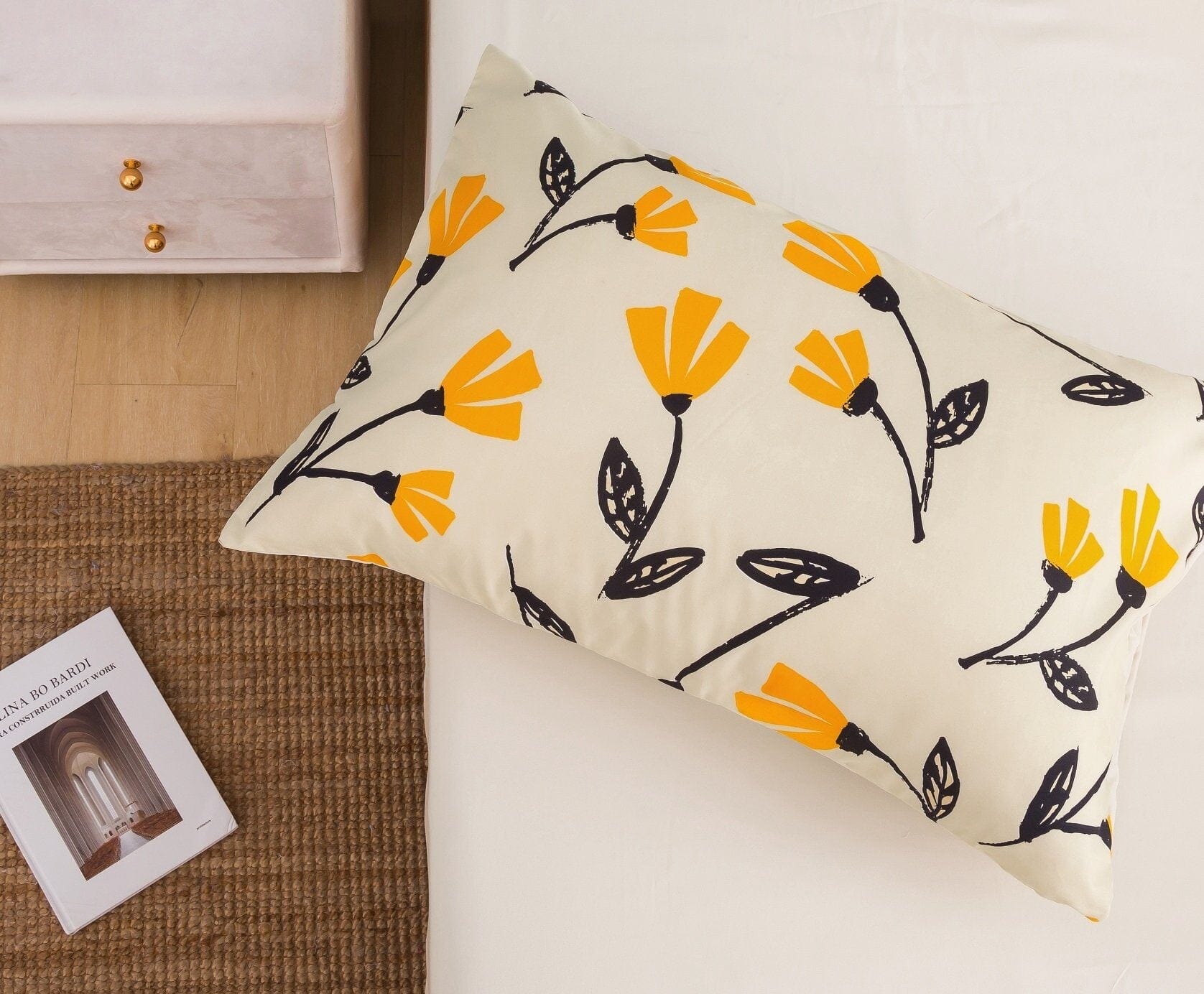 DaDa Bedding Yellow Fleur Golden Orange Floral Ivory Fitted & Flat Bed Sheets Set (18112) - DaDa Bedding Collection