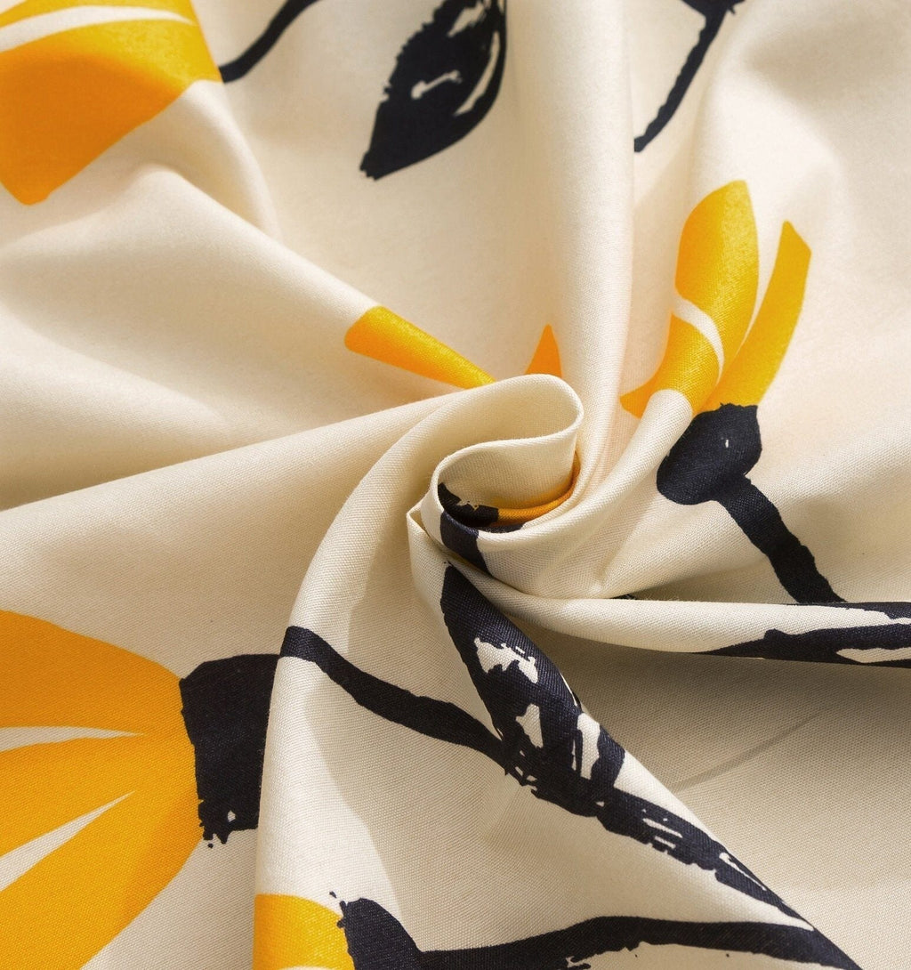 DaDa Bedding Yellow Fleur Golden Orange Floral Ivory Fitted & Flat Bed Sheets Set (18112) - DaDa Bedding Collection