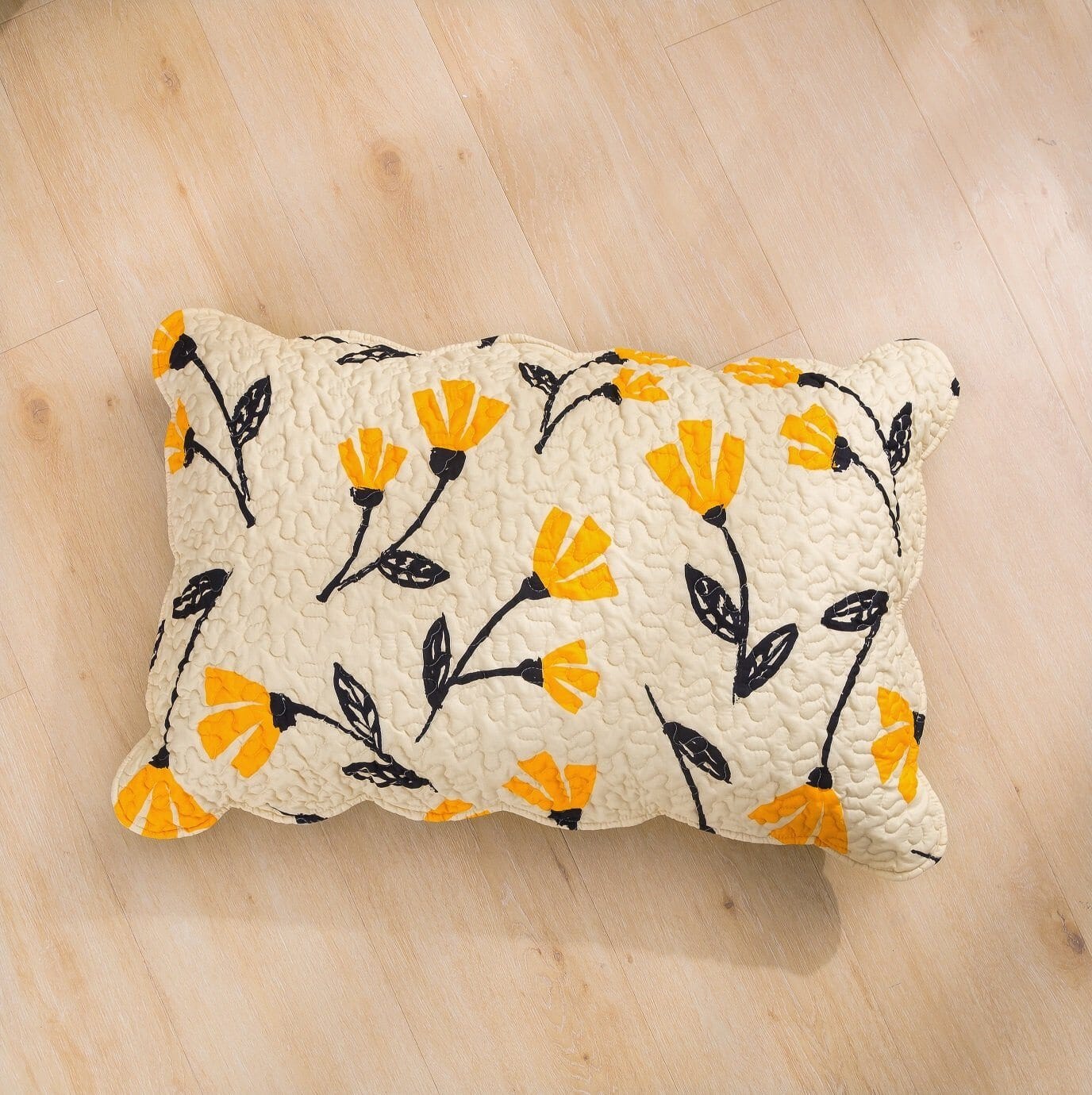 DaDalogy Bedding Yellow Fleur Floral Golden Orange Ivory Botanical Quilted Scalloped Pillow Sham (18112) - DaDa Bedding Collection