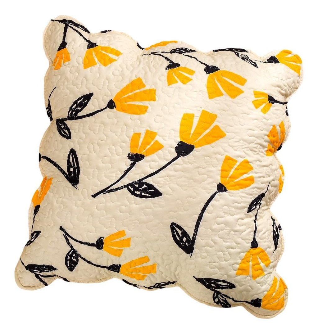 DaDa Bedding Yellow Fleur Floral Golden Orange Ivory Cream Scalloped Euro Pillow Sham Cover, 26" x 26" (18112) - DaDa Bedding Collection