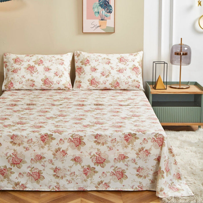 DaDa Bedding Hint of Mint Dainty Cottage Floral Roses Cotton Flat Sheet Only w/ Pillow Case (3036)