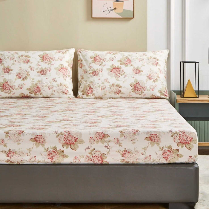 DaDa Bedding Hint of Mint Dainty Cottage Floral Roses Cotton Fitted Sheet w/ Pillow Case (3036)