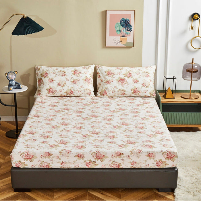 DaDa Bedding Hint of Mint Dainty Cottage Floral Roses Cotton Fitted Sheet w/ Pillow Case (3036)