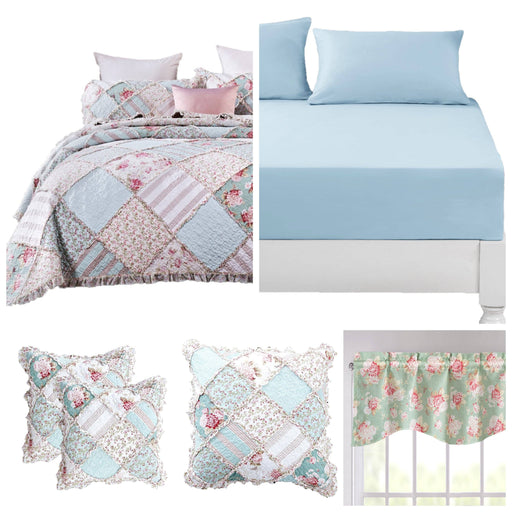 DaDalogy Bedding Bed in a Bag Bundle Set - Hint of Mint Cottage Floral Pastel Patchwork Bedspread Set (JHW3036) - DaDa Bedding Collection