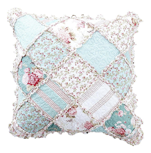 CUSHION COVER - DaDa Bedding Patchwork Hint of Mint Floral Cotton Patchwork Ruffle Euro Pillow Sham, 26" x 26" (JHW3036) - DaDa Bedding Collection