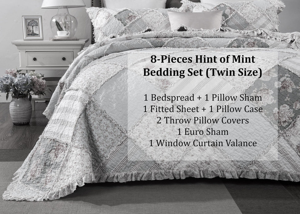 DaDalogy Bedding Bed in a Bag Bundle Set - Hint of Mint Cottage Floral Pastel Patchwork Bedspread Set (JHW3036)
