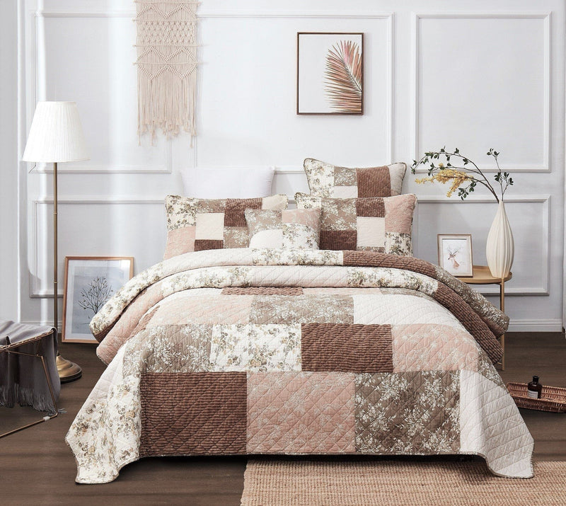 DaDa Bedding Dusty Rose Taupe Beige Brown Floral Cottage Patchwork Quilted Bedspread Set (JHW-866) - DaDa Bedding Collection