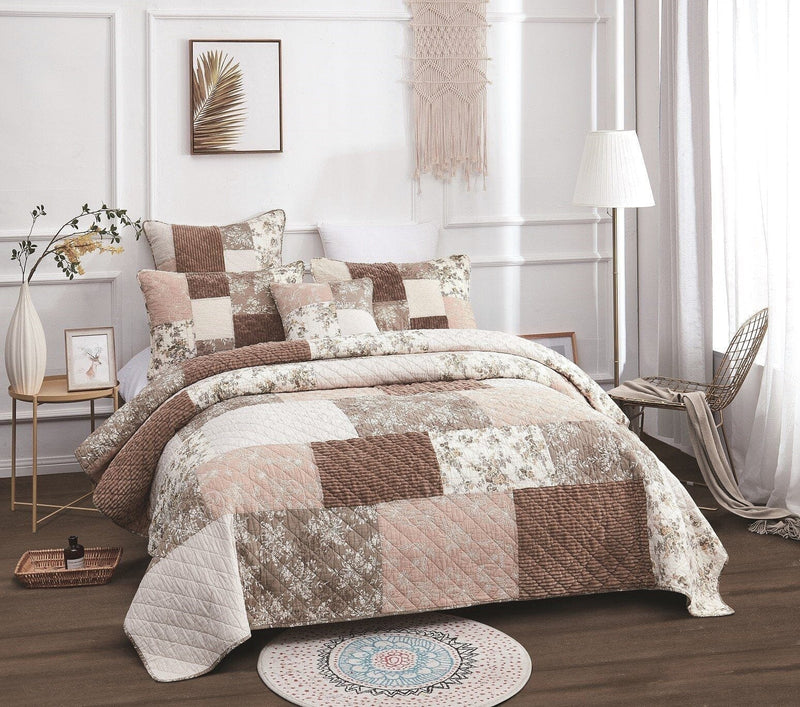 DaDa Bedding Dusty Rose Taupe Beige Brown Floral Cottage Patchwork Quilted Bedspread Set (JHW-866) - DaDa Bedding Collection