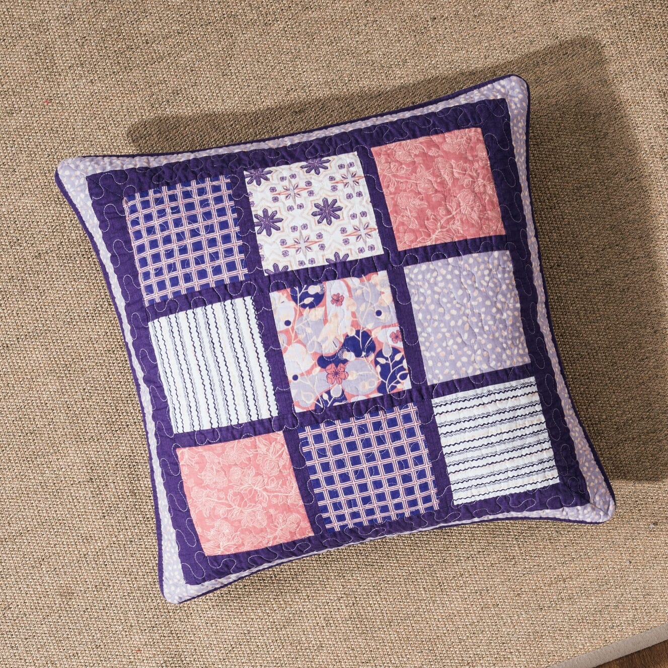 DaDa Bedding Peachy Blossoms Purple Floral Patchwork Euro Pillow Sham Cover, 26" x 26" - Designed in USA (JHW877) - DaDa Bedding Collection
