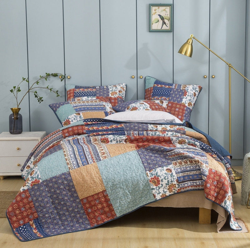 DaDa Bedding Bohemian Vibes Mediterranean Blue Floral Patchwork Quilted Bedspread Set  (JHW878) - DaDa Bedding Collection
