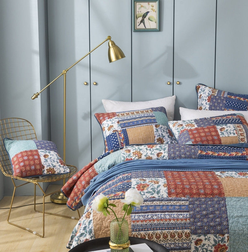 DaDa Bedding Bohemian Vibes Mediterranean Blue Floral Patchwork Quilted Bedspread Set  (JHW878) - DaDa Bedding Collection