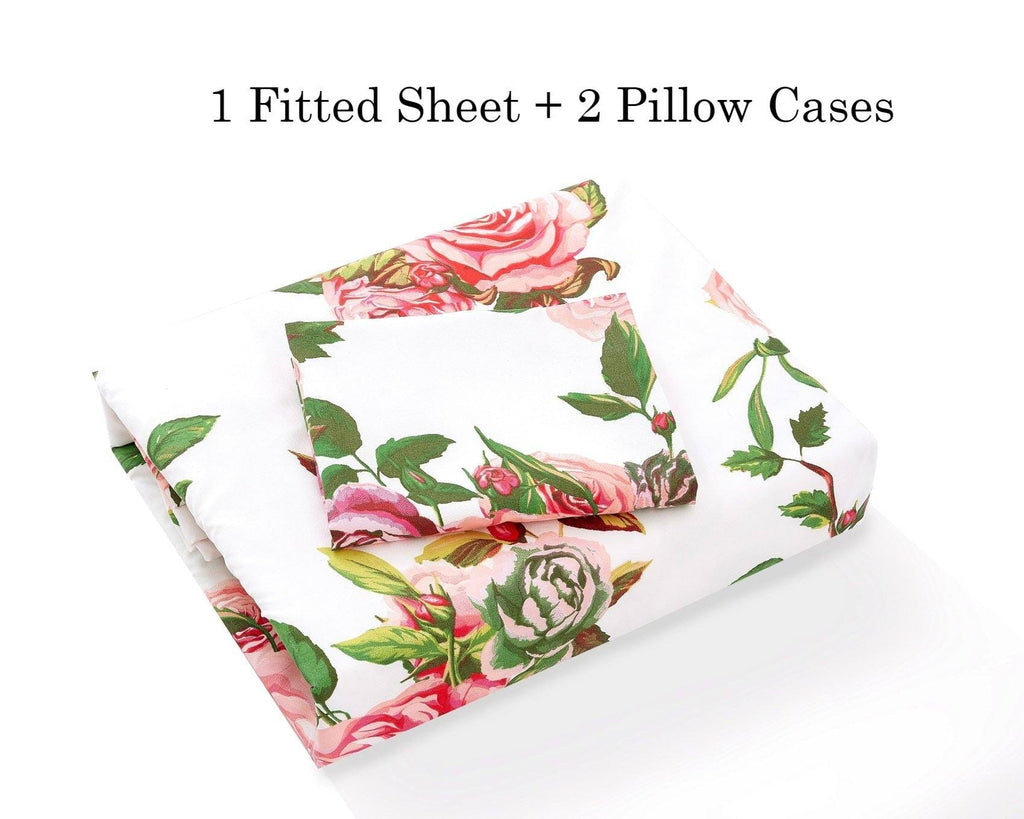 DaDa Bedding Romantic Roses Lovely Spring Pink Floral Fitted Bed Sheet w/ Pillow Cases (JHW879-Fitted) - DaDa Bedding Collection