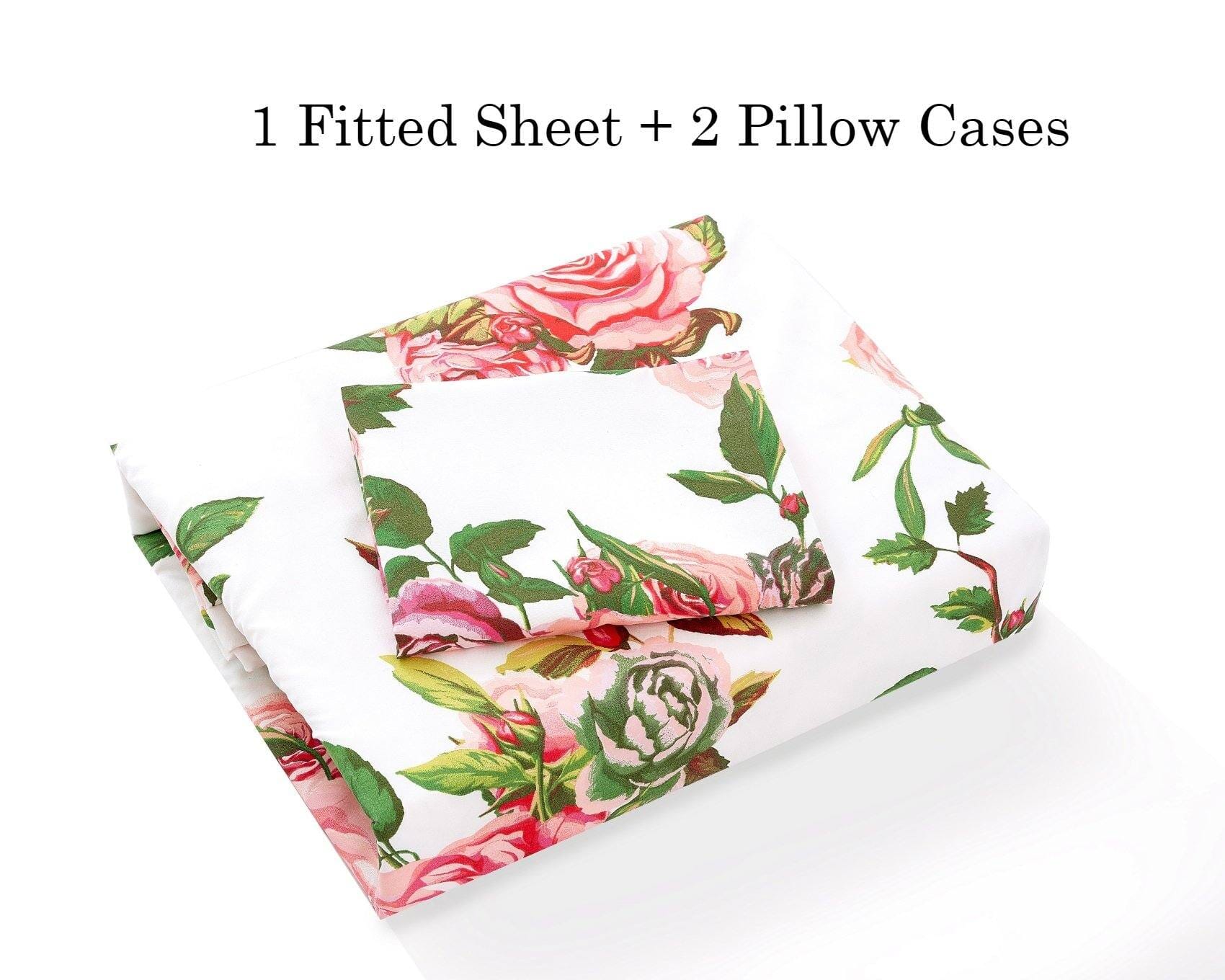 DaDa Bedding Romantic Roses Lovely Spring Pink Floral Fitted Bed Sheet w/ Pillow Cases (JHW879-Fitted) - DaDa Bedding Collection