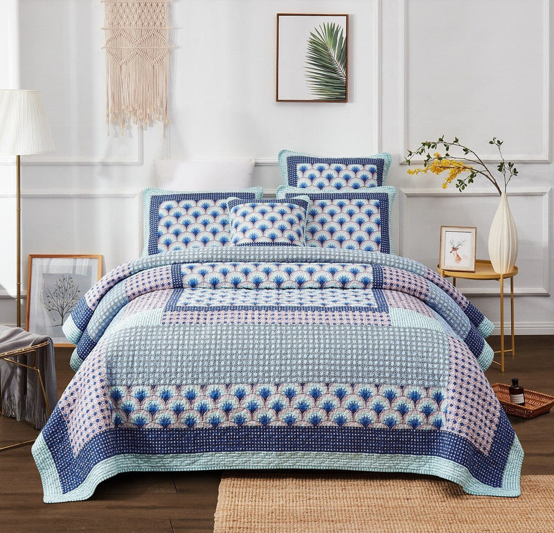 DaDa Bedding Mediterranean Blue Mint Green Patchwork Quilted Bedspread Set (JHW-884) - DaDa Bedding Collection
