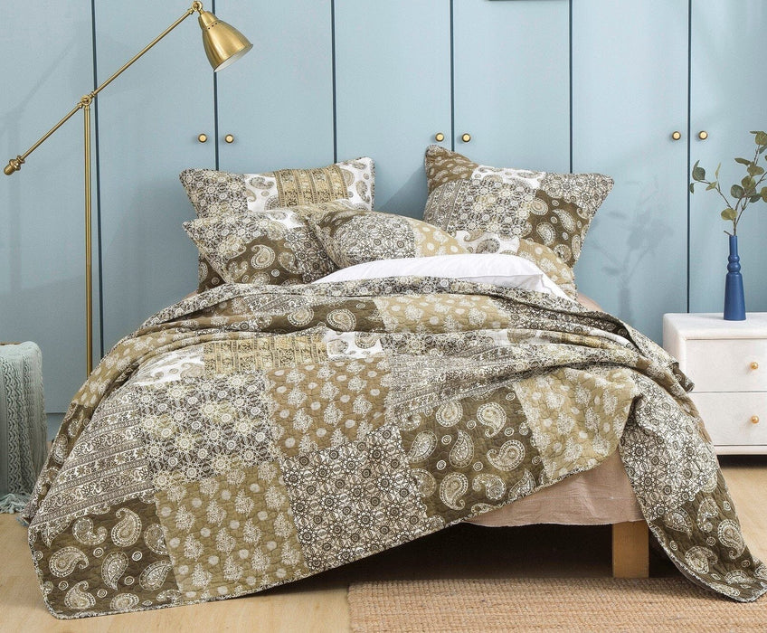 DaDalogy Bedding Bed in a Bag Bundle Set - Bohemian Paisley Dreams Floral Olive Brown Patchwork Bedspread Set (JHW885)