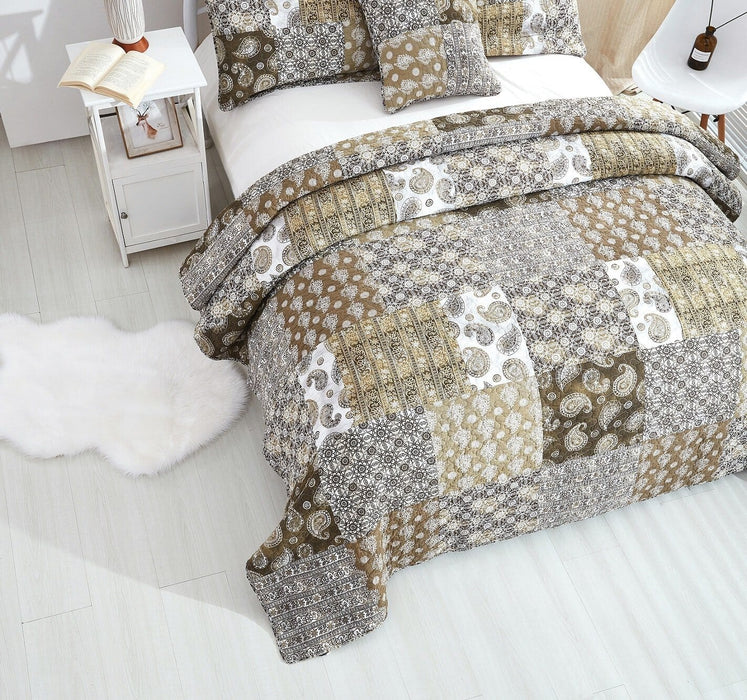 DaDalogy Bedding Bed in a Bag Bundle Set - Bohemian Paisley Dreams Floral Olive Brown Patchwork Bedspread Set (JHW885)