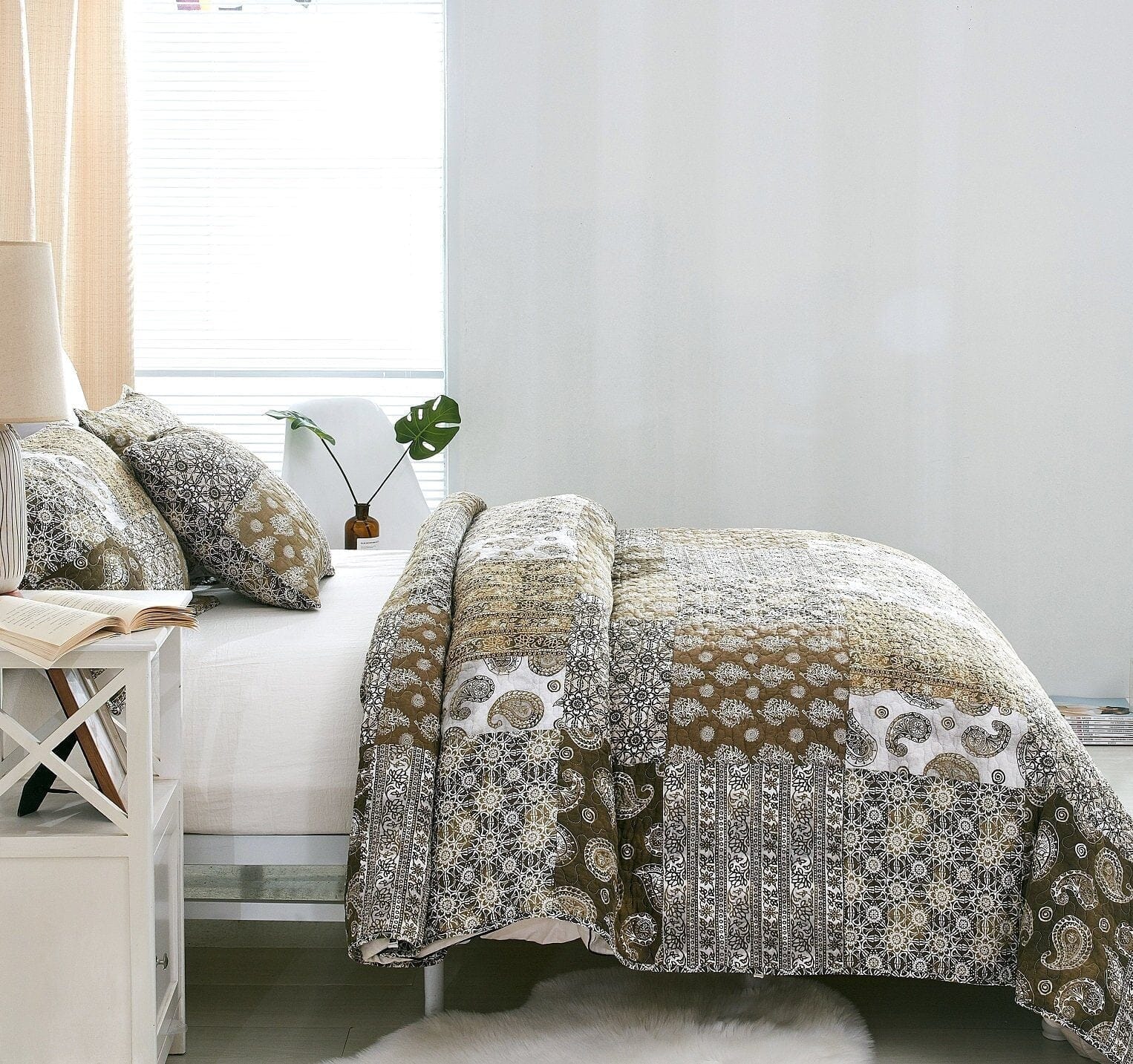 DaDalogy Bedding Bed in a Bag Bundle Set - Bohemian Paisley Dreams Floral Olive Brown Patchwork Bedspread Set (JHW885) - DaDa Bedding Collection