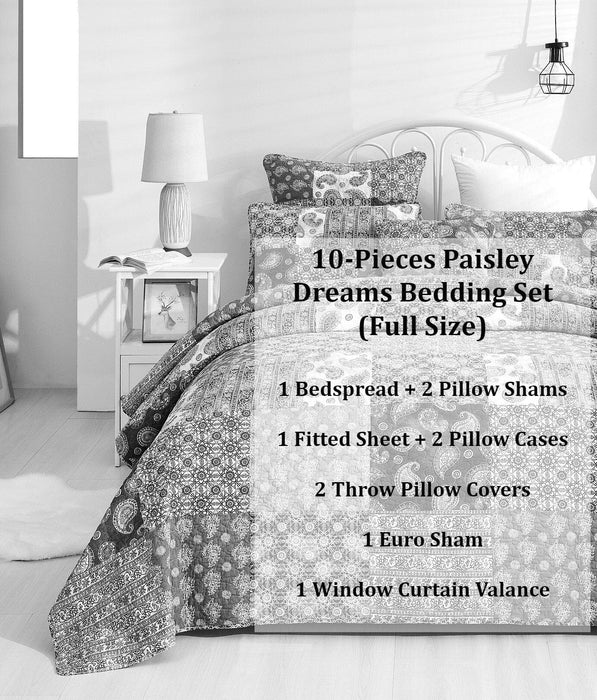 DaDalogy Bedding Bed in a Bag Bundle Set - Bohemian Paisley Dreams Floral Olive Brown Patchwork Bedspread Set (JHW885)