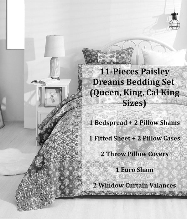 DaDalogy Bedding Bed in a Bag Bundle Set - Bohemian Paisley Dreams Floral Olive Brown Patchwork Bedspread Set (JHW885)