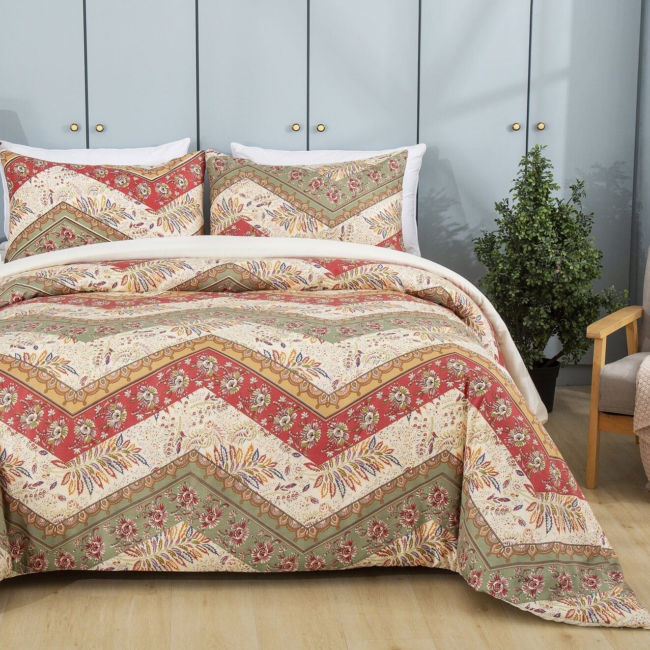 DaDa Bedding Botanical Cranberry Sage Chevron Floral Duvet Cover Set w/ Pillow Cases (JHW-924) - DaDa Bedding Collection