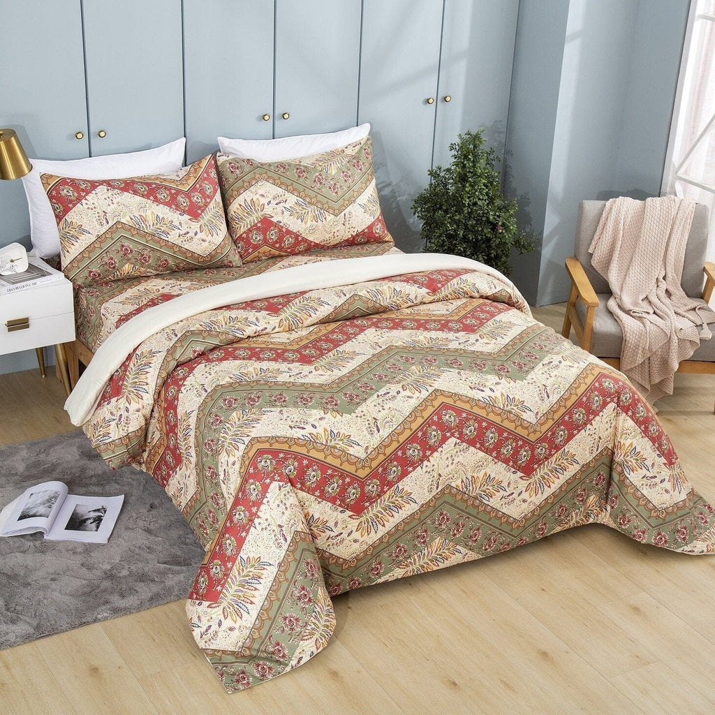 DaDa Bedding Botanical Cranberry Sage Chevron Floral Duvet Cover Set w/ Pillow Cases (JHW-924) - DaDa Bedding Collection