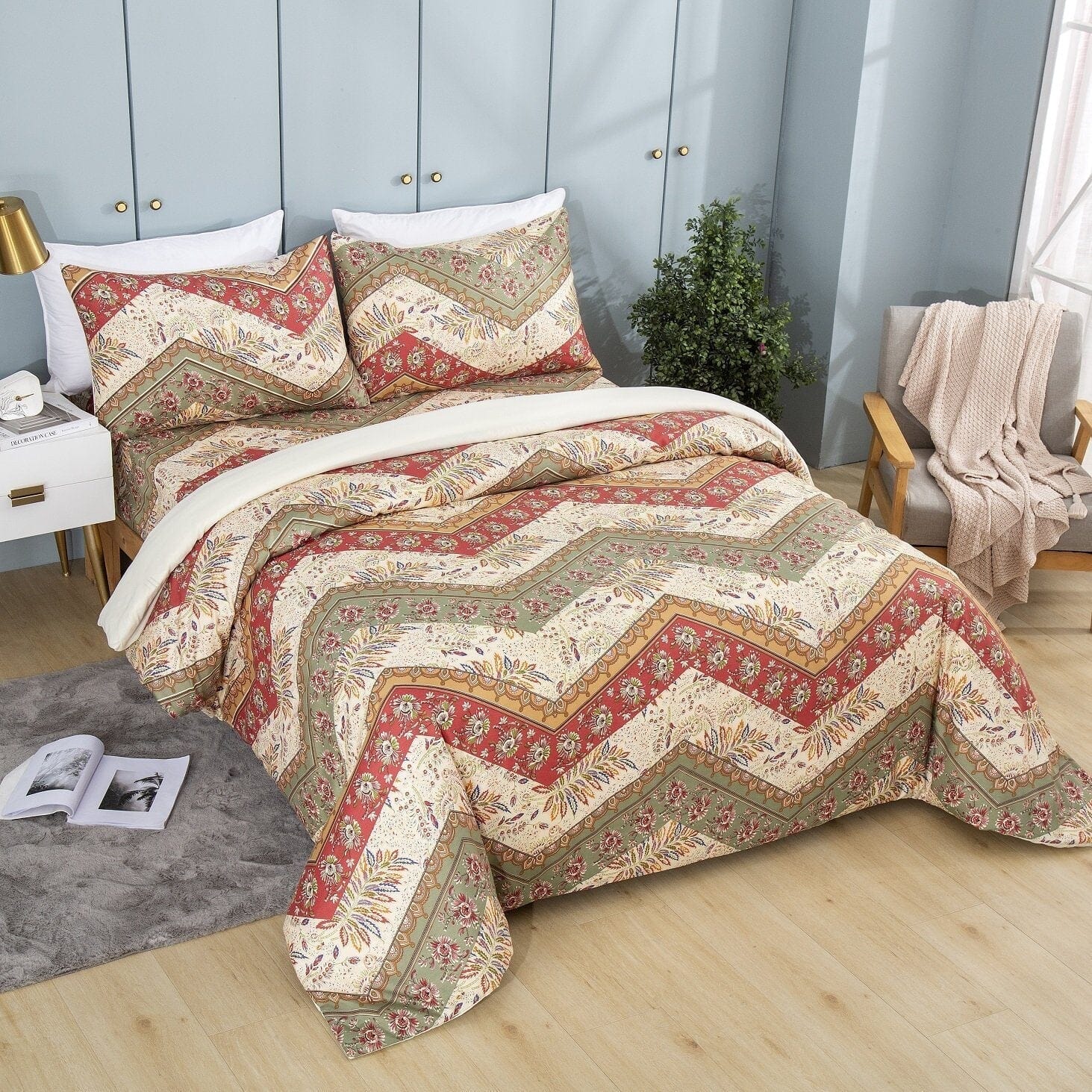 DaDa Bedding Botanical Cranberry Sage Chevron Floral Duvet Cover Set w/ Pillow Cases (JHW-924) - DaDa Bedding Collection