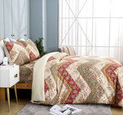 DaDa Bedding Botanical Cranberry Sage Chevron Floral Duvet Cover Set w/ Pillow Cases (JHW-924) - DaDa Bedding Collection