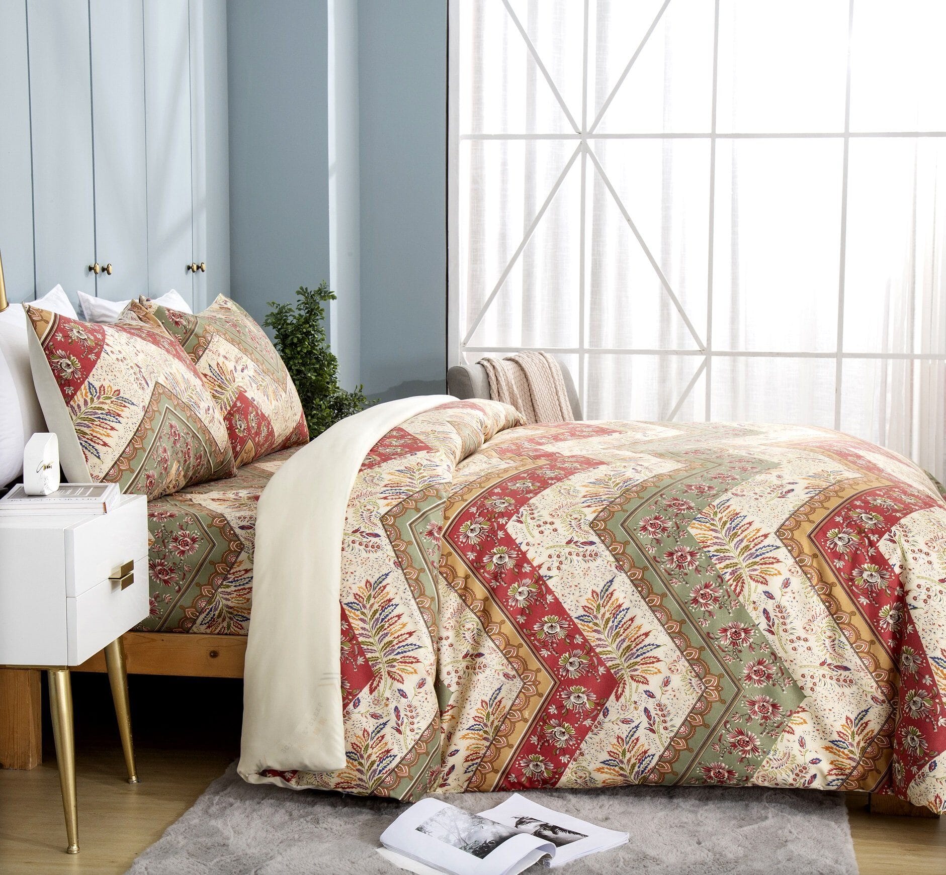 DaDa Bedding Botanical Cranberry Sage Chevron Floral Duvet Cover Set w/ Pillow Cases (JHW-924) - DaDa Bedding Collection