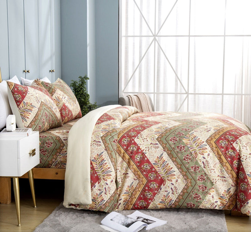 DaDa Bedding Botanical Cranberry Sage Chevron Floral Duvet Cover Set w/ Pillow Cases (JHW-924) - DaDa Bedding Collection