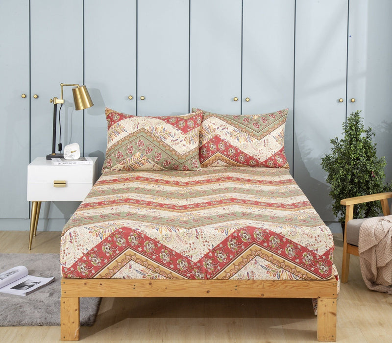 DaDa Bedding Botanical Cranberry Sage Chevron Floral Fitted Bed Sheet w/ Pillow Cases (JHW-924-Fitted) - DaDa Bedding Collection