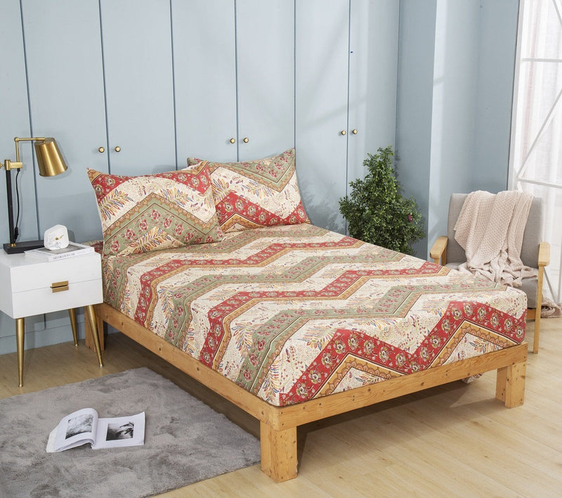 DaDa Bedding Botanical Cranberry Sage Chevron Floral Fitted Bed Sheet w/ Pillow Cases (JHW-924-Fitted) - DaDa Bedding Collection