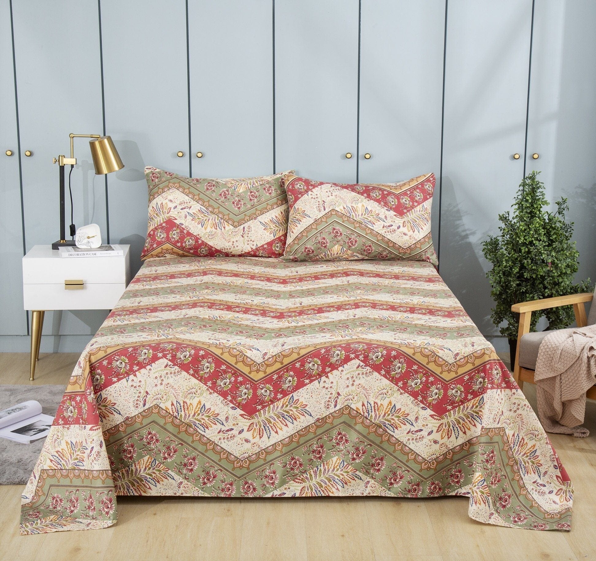 DaDa Bedding Botanical Cranberry Sage Chevron Floral Flat Bed Sheet w/ Pillowcases (JHW-924-Flat) - DaDa Bedding Collection