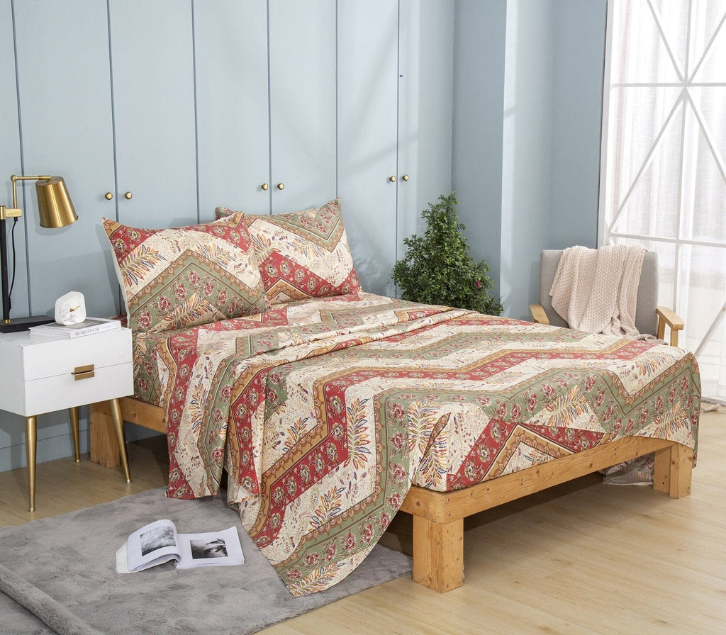 DaDa Bedding Botanical Cranberry Sage Chevron Floral Flat Bed Sheet w/ Pillowcases (JHW-924-Flat) - DaDa Bedding Collection