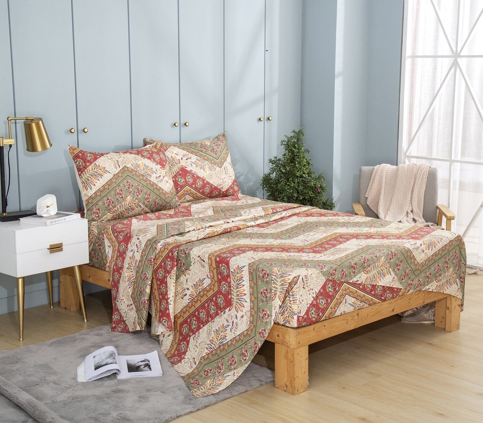 DaDa Bedding Botanical Cranberry Sage Chevron Floral Flat Bed Sheet w/ Pillowcases (JHW-924-Flat) - DaDa Bedding Collection