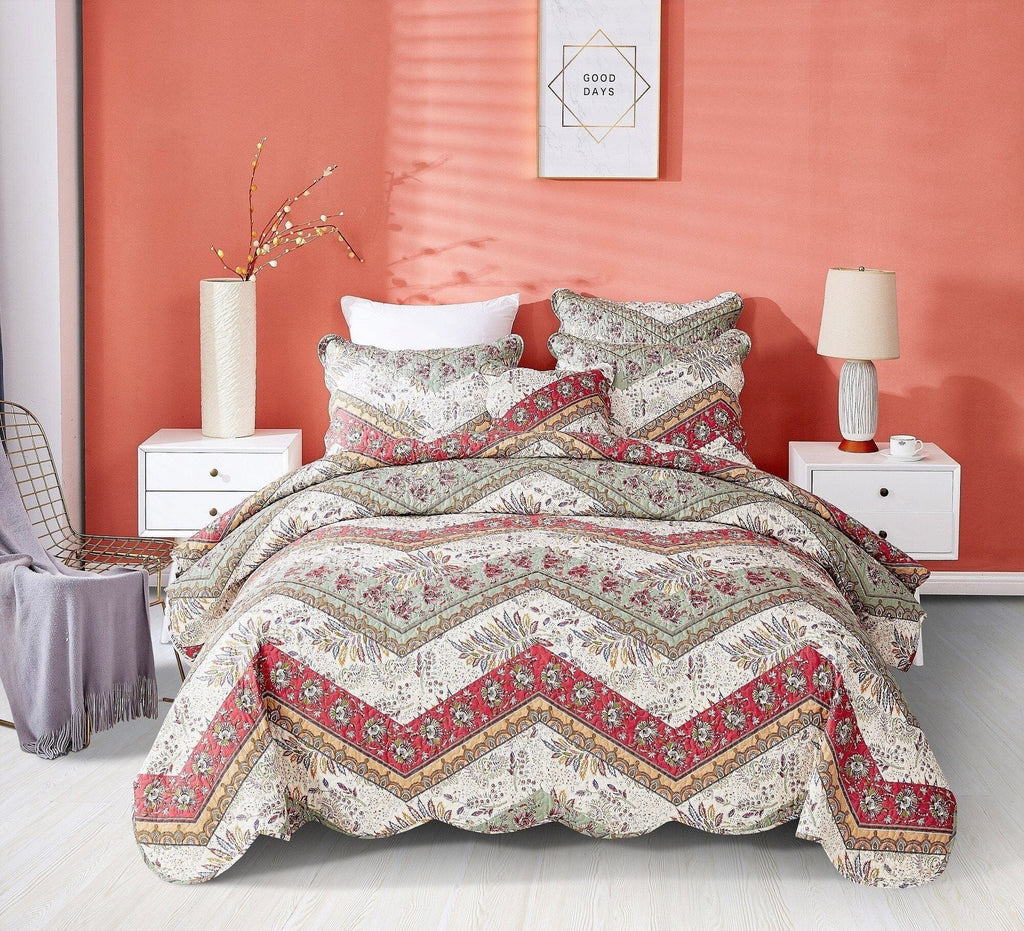 DaDa Bedding Rustic Bohemian Cranberry Sage Chevron Floral Bedspread Set (JHW-924) - DaDa Bedding Collection