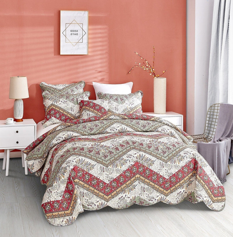 DaDa Bedding Rustic Bohemian Cranberry Sage Chevron Floral Bedspread Set (JHW-924) - DaDa Bedding Collection