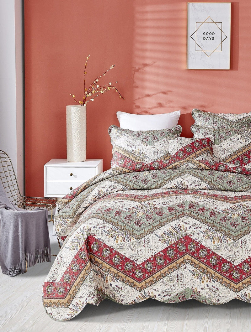 DaDa Bedding Rustic Bohemian Cranberry Sage Chevron Floral Bedspread Set (JHW-924) - DaDa Bedding Collection