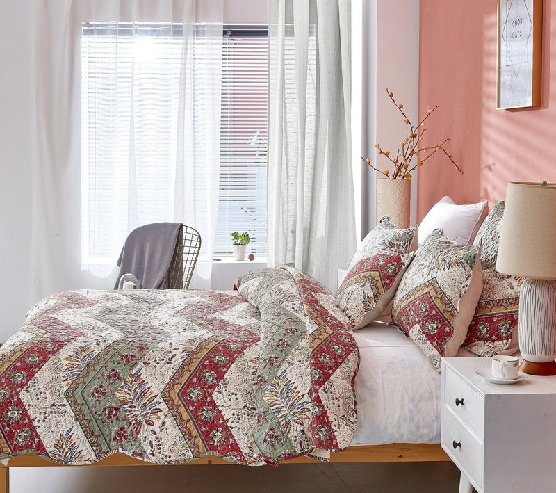 DaDa Bedding Rustic Bohemian Cranberry Sage Chevron Floral Bedspread Set (JHW-924) - DaDa Bedding Collection